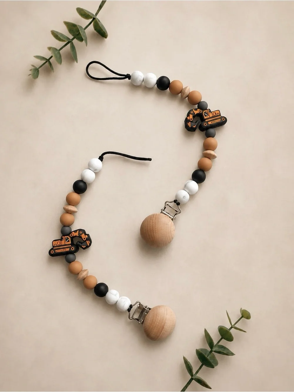 Neutral toxin free Tan & Black Excavator Pacifier Clip with Wooden Clip